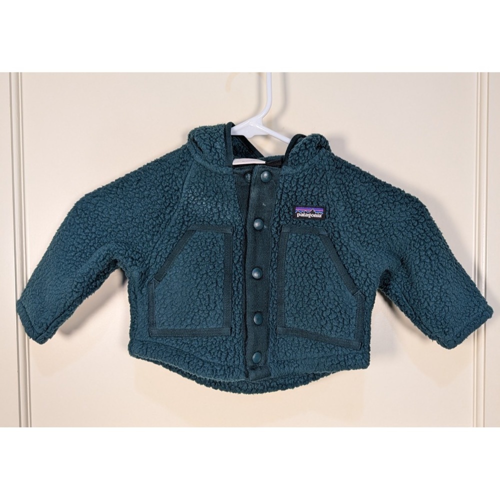 Patagonia Baby Retro Pile Fleece Jacket Hooded Snap Button Green Size: 3-6 Month